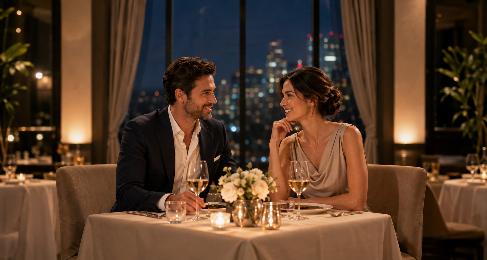 A well-dressed couple having dinner in an upscale restaurant